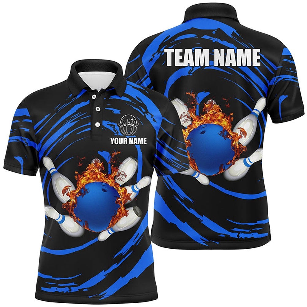 Blue Flame Bowling Ball And Pins Mens Bowling Polo Shirts Custom Team Bowling Polo Shirt For Men, Personalized Bowling Team Shirt