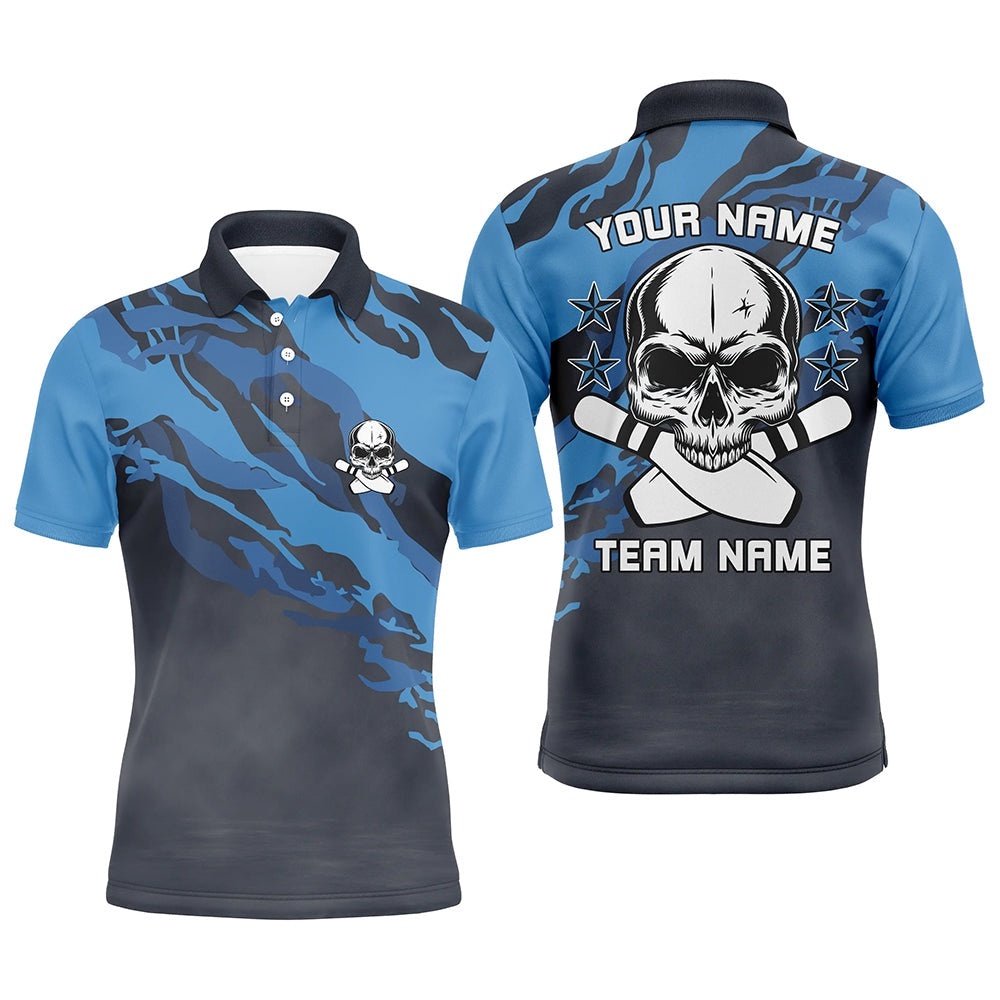 Blue Camo Skull Bowling Polo Shirt For Men Custom Team'S Name Men Bowler Polo Shirt, Personalized Bowling Team Shirt