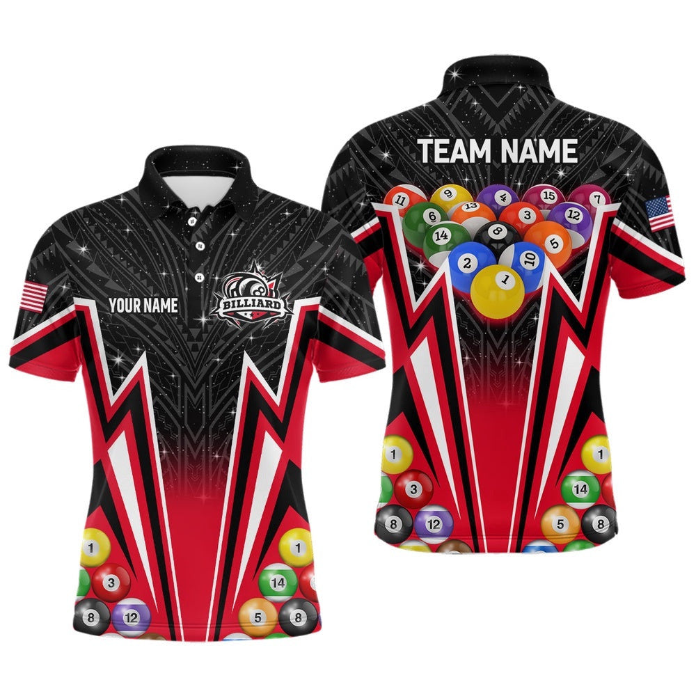 Customized Red 3D 8 Ball Billiard Polo Polo Shirts, 8 Ball Pool Team League Billiard Shirts, Personalized Billiard Polo Shirt
