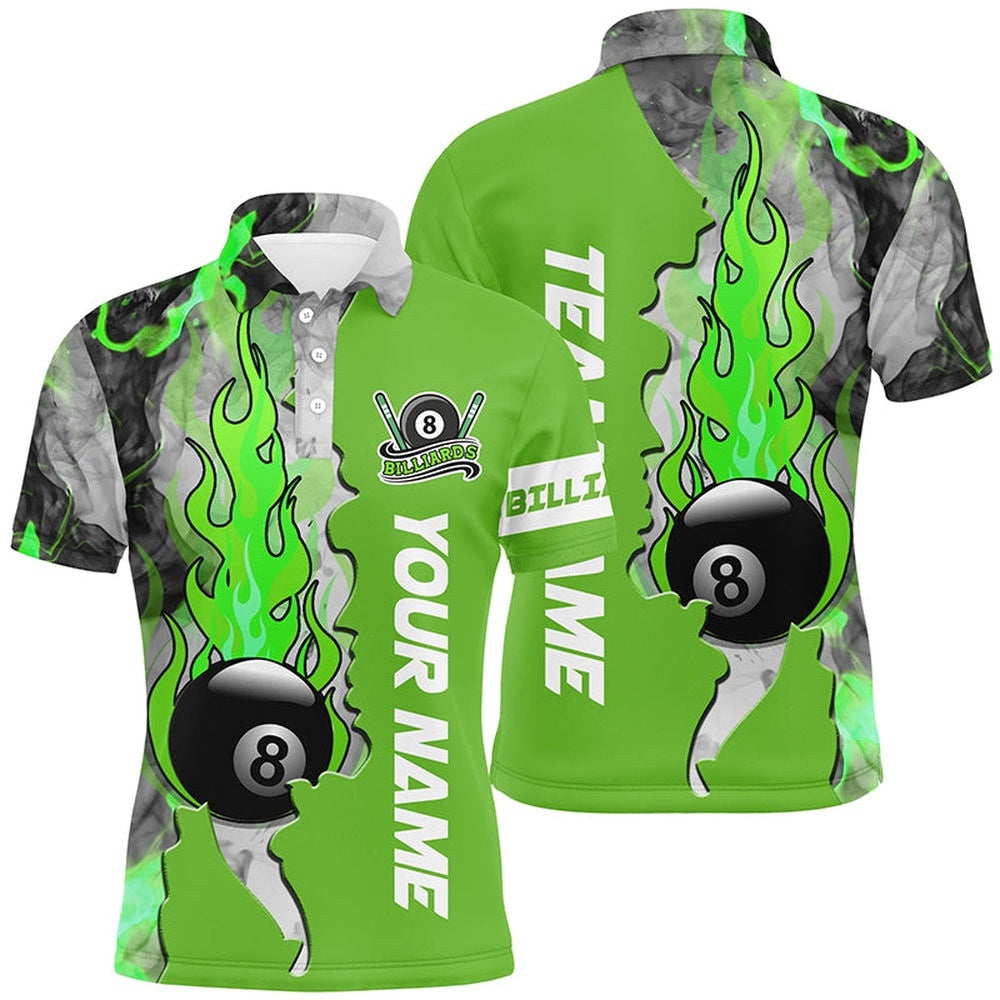 8 Ball Fire Smoke Billiard's Shirts Green Version Custom Pool Team Polo Shirts, Personalized Billiard Polo Shirt