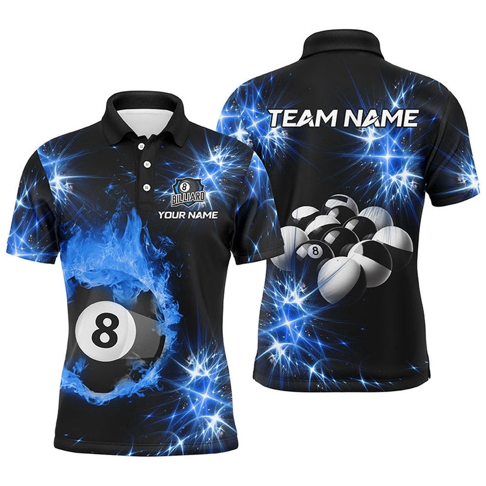 Blue Billiard Ball 8 Fire Flame Polo Shirts Custom Billiard Balls Polo For Team, Personalized Billiard Polo Shirt