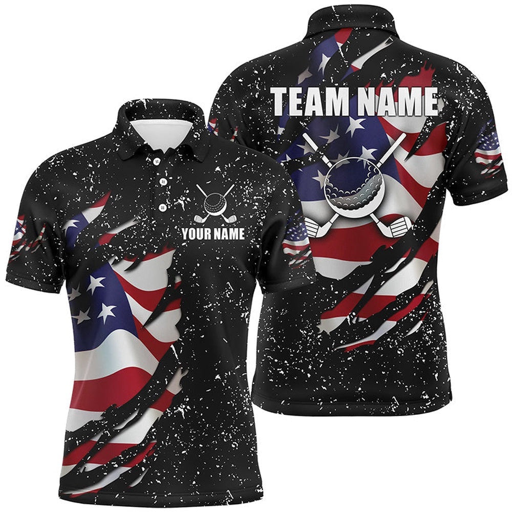 American Flag Black Grunge Pattern Golf Clubs Men's Golf Polo Shirts Custom Best Men's Golf Tops, Golf Polo Shirt, Golf Shirts