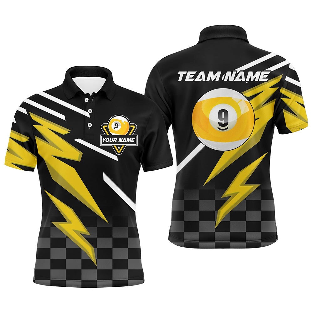 9 Ball Pool Tournat Billiards Shirts, Yellow Black 9 Ball Billiard Polo, Personalized Billiard Polo Shirt