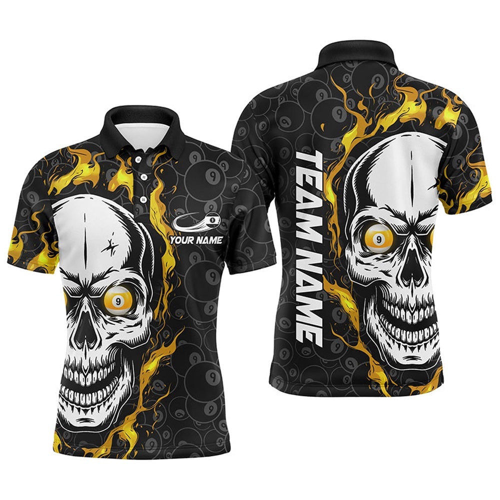 9 Ball Pool Yellow Flame Skull Billiard Polo Shirts Custom Name Billiard Polo, Personalized Billiard Polo Shirt