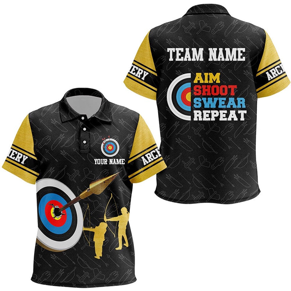 Aim Shoot Swear Repeat Archery Target Custom Name Polo Shirts Custom Archery Team Shirts, Custom Archery Team Polo Shirt