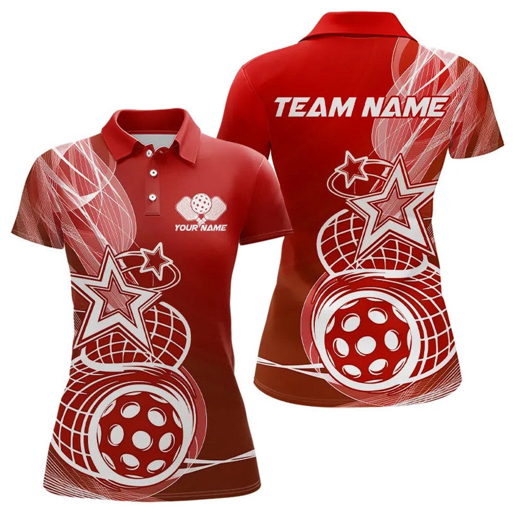 Custom Red Pickleball Star Polo Shirts For Women, Outdoor Pickleball Team Uniform, Pickleball Polo Shirts