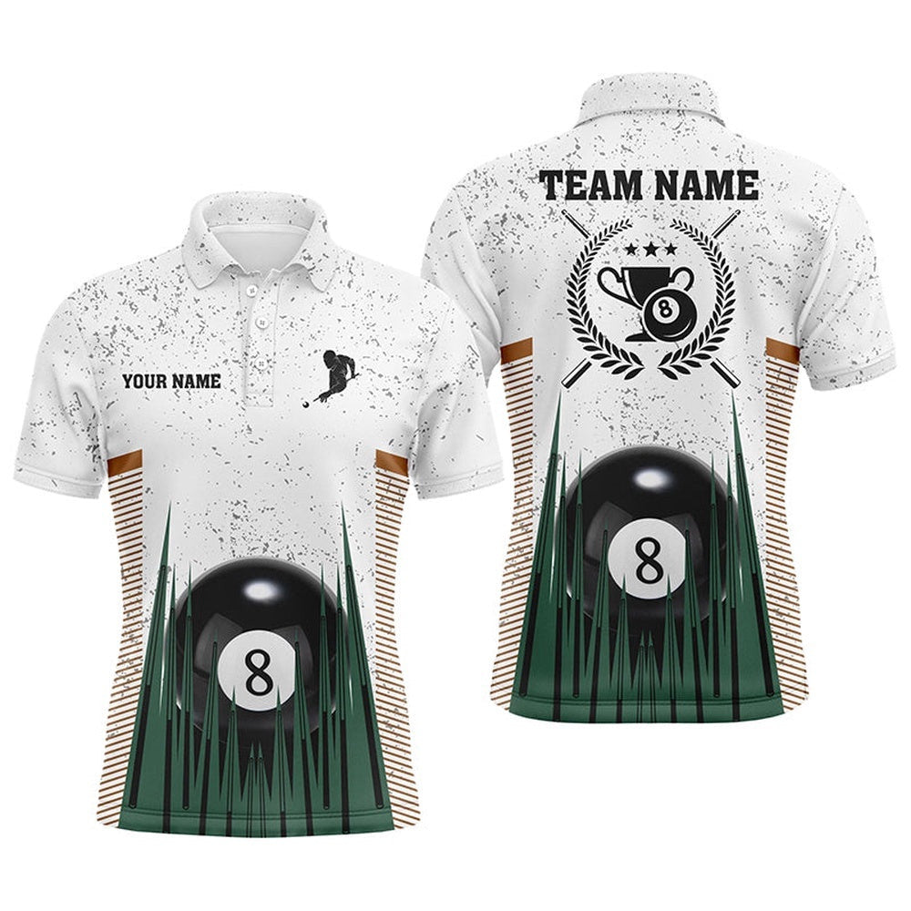 8 Ball Pool White Grunge Polo Shirts, 8 Ball Trophy Emblem Billiard Polo, Personalized Billiard Polo Shirt