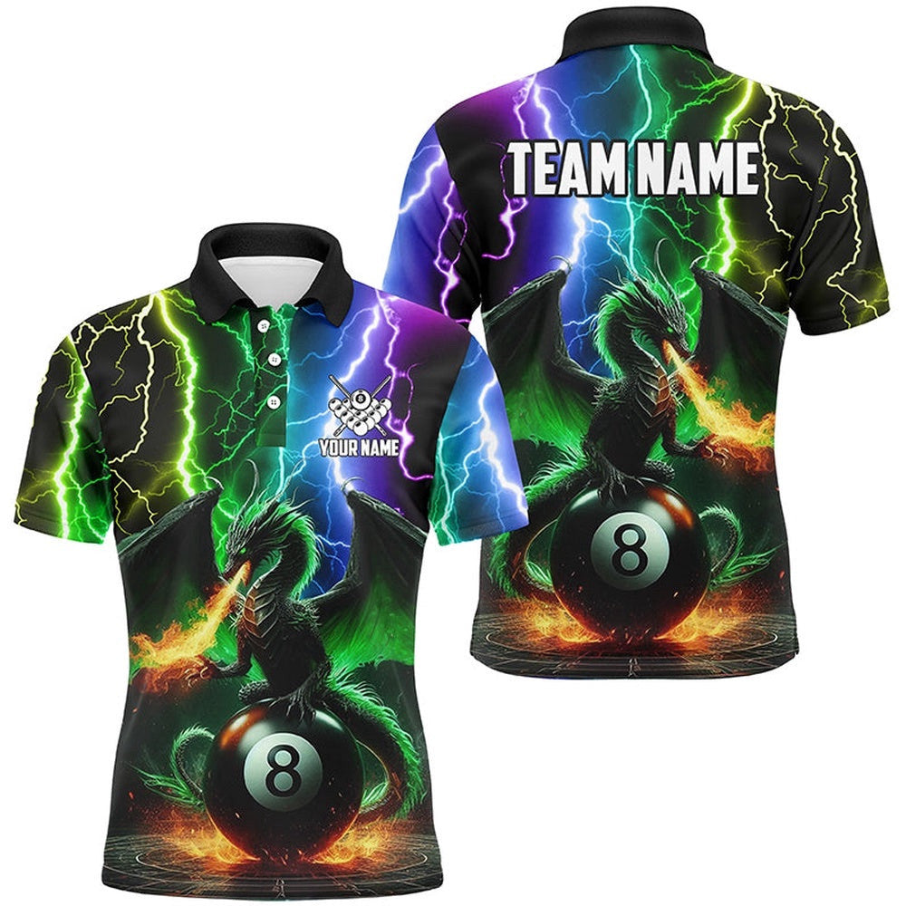 Dragon 8 Ball Pool Fire Billiard Shirts Custom Colorful Thunder Lightning Billiard Polo, Personalized Billiard Polo Shirt