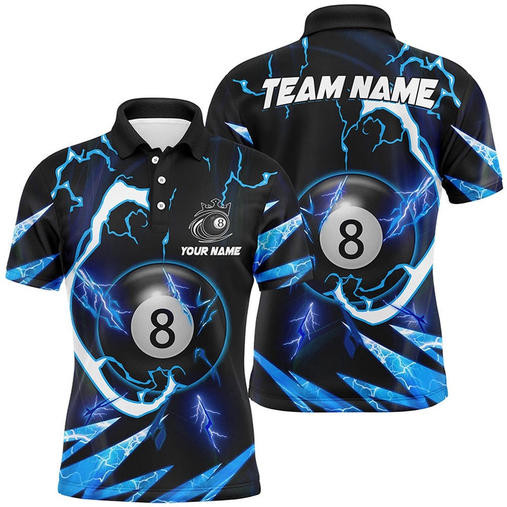 Blue 8 Ball Pool Thunder Lighting Polo Shirts Custom Billiard Team Shirts, Personalized Billiard Polo Shirt