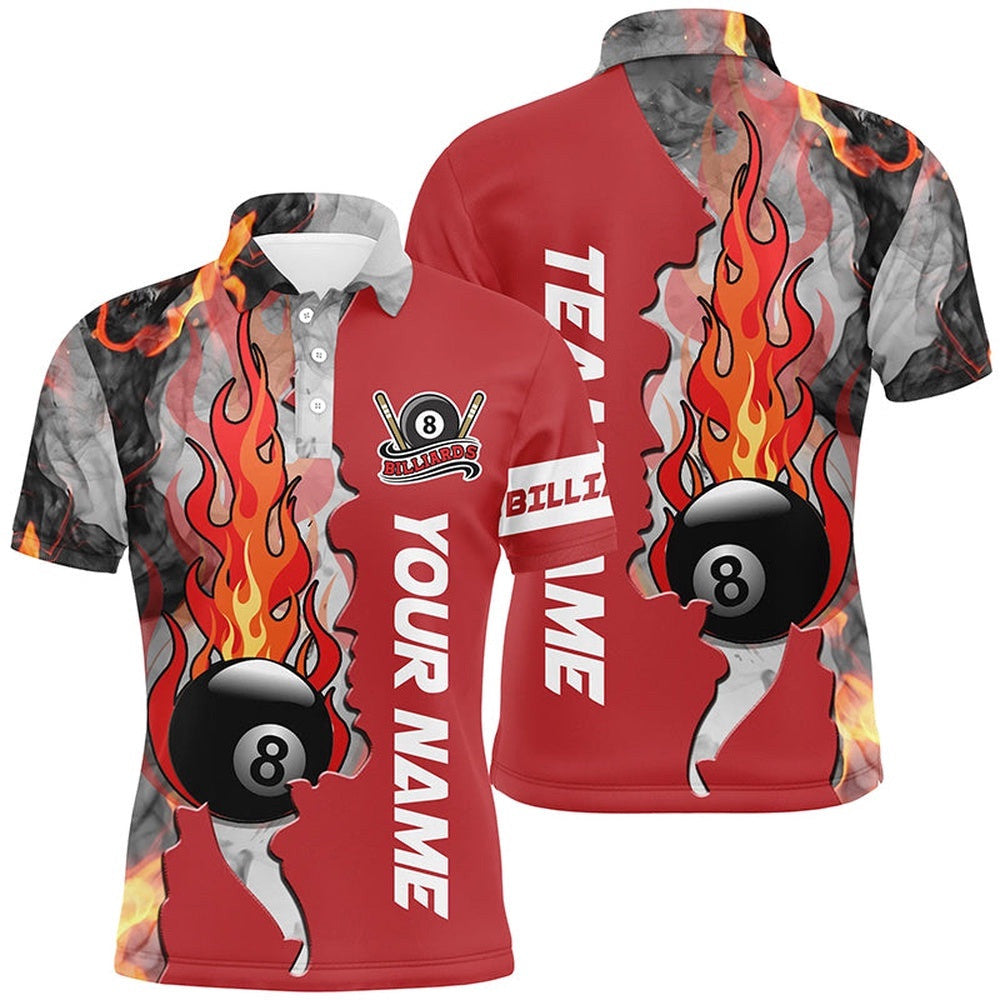 8 Ball Fire Smoke Billiard's Shirts Red Version Custom Pool Team Polo Shirts, Personalized Billiard Polo Shirt