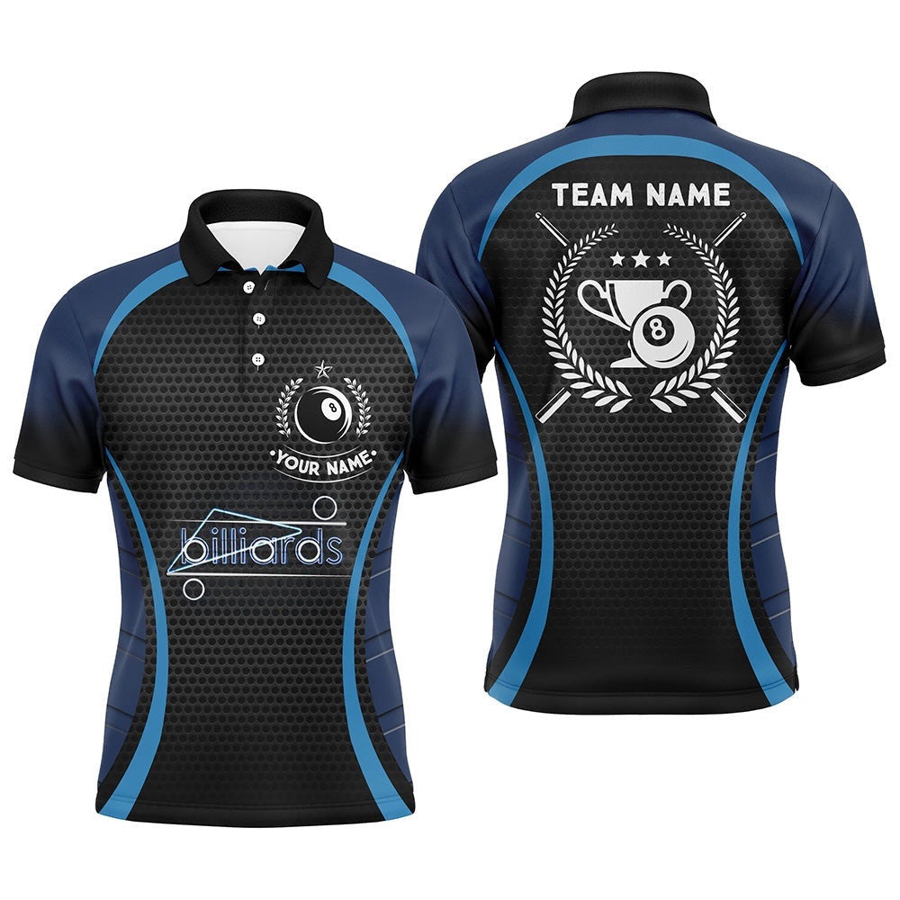 Blue 8 Ball Pool Polo Shirts, Custom Billiard 8 Ball Emblem Trophy Polo, Personalized Billiard Polo Shirt