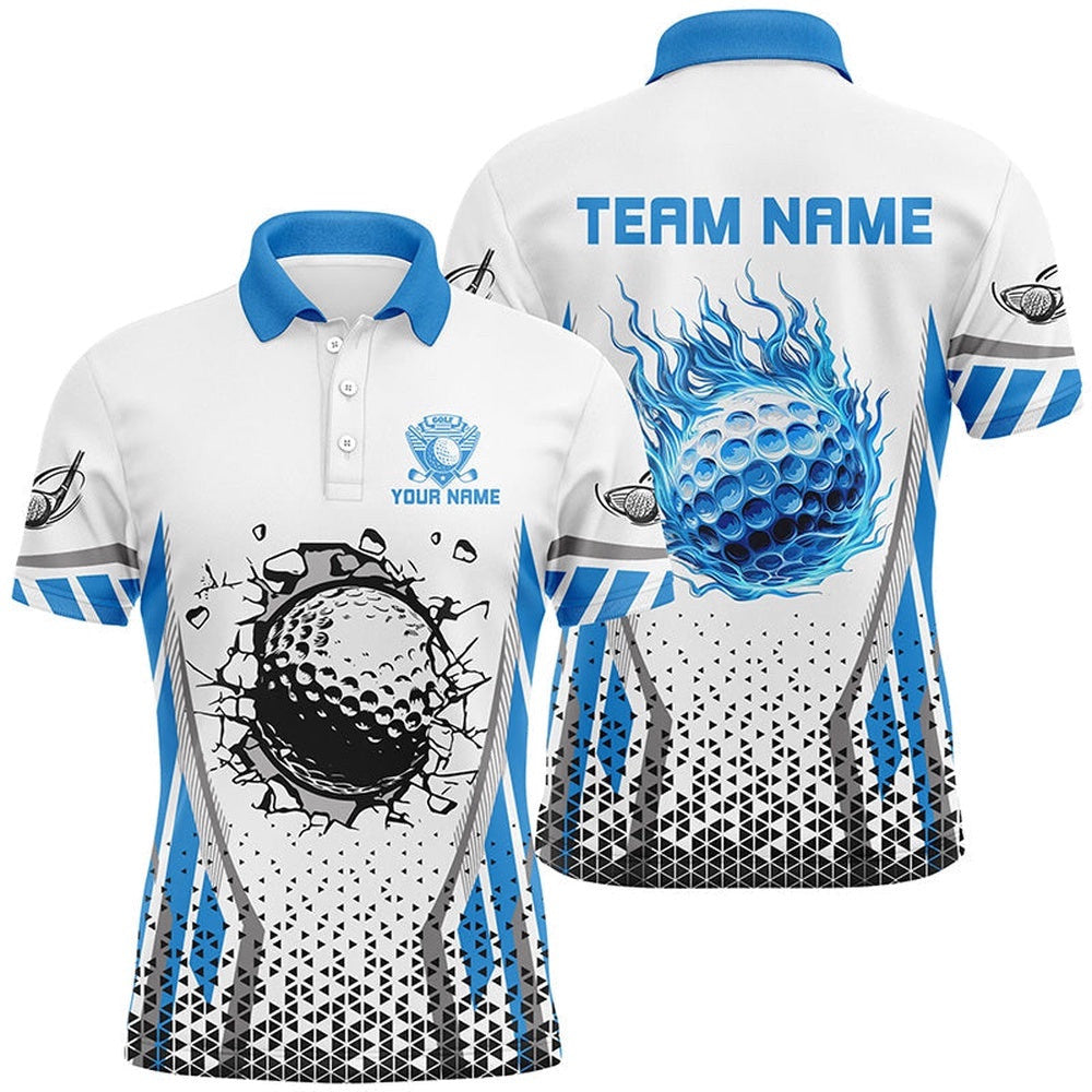 Blue Flame Golf Ball Wall Break White Men's Golf Polo Shirt Custom Golf Attire For Men, Golf Polo Shirt, Golf Shirts