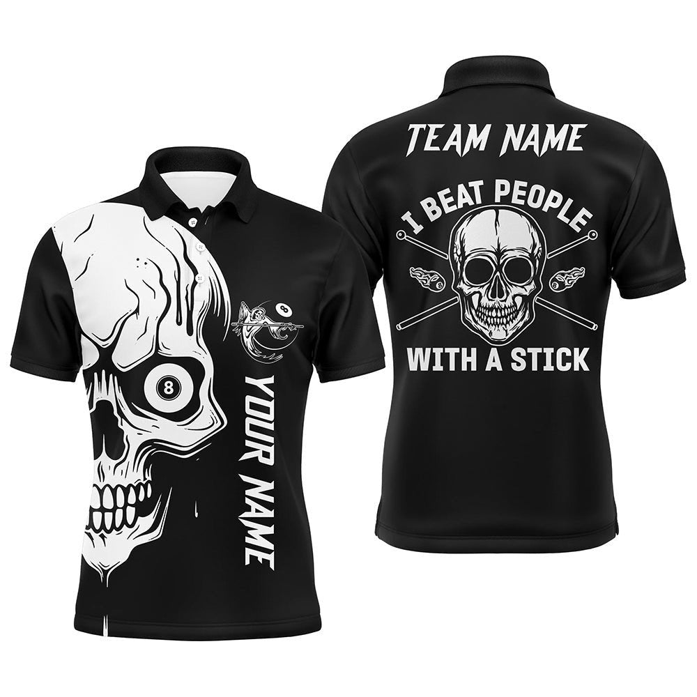 Custom White Skull Billiard I Beat People With A Stick Name Polo Shirts, Personalized Billiard Polo Shirt