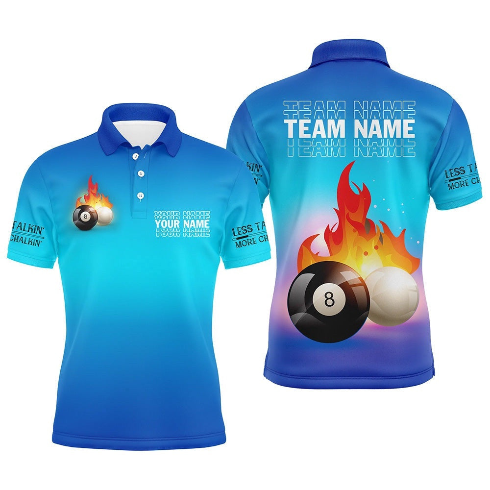 8 Ball And Cue Ball Pool Blue 3D Polo Shirts, Custom Name Billiard Polo, Personalized Billiard Polo Shirt