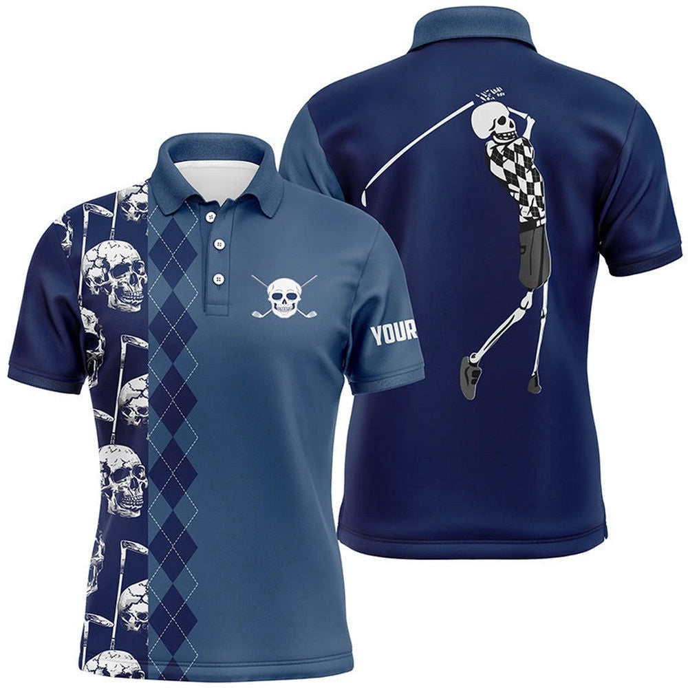 Blue Navy Skull Argyle Pattern Custom Men's Best Men's Golf Wear, Golf Polo Shirt, Golf Shirts