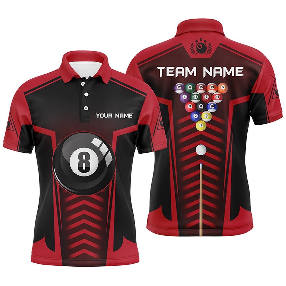 8 Ball Pool Red Black Polo Shirts, Custom Pool Balls Billiards Polo, Personalized Billiard Polo Shirt