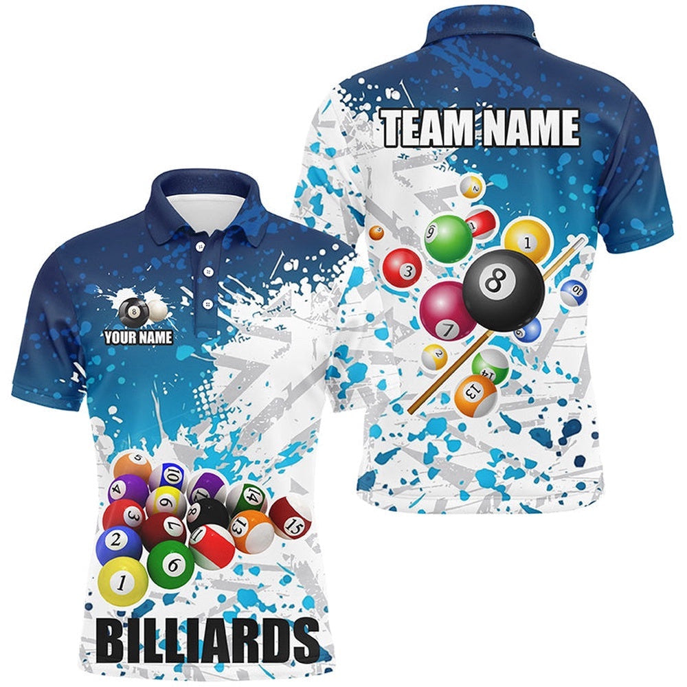 Blue Billiard Balls Paint Splash Billiard Shirts, 3D Billiard Polo Attire, Personalized Billiard Polo Shirt