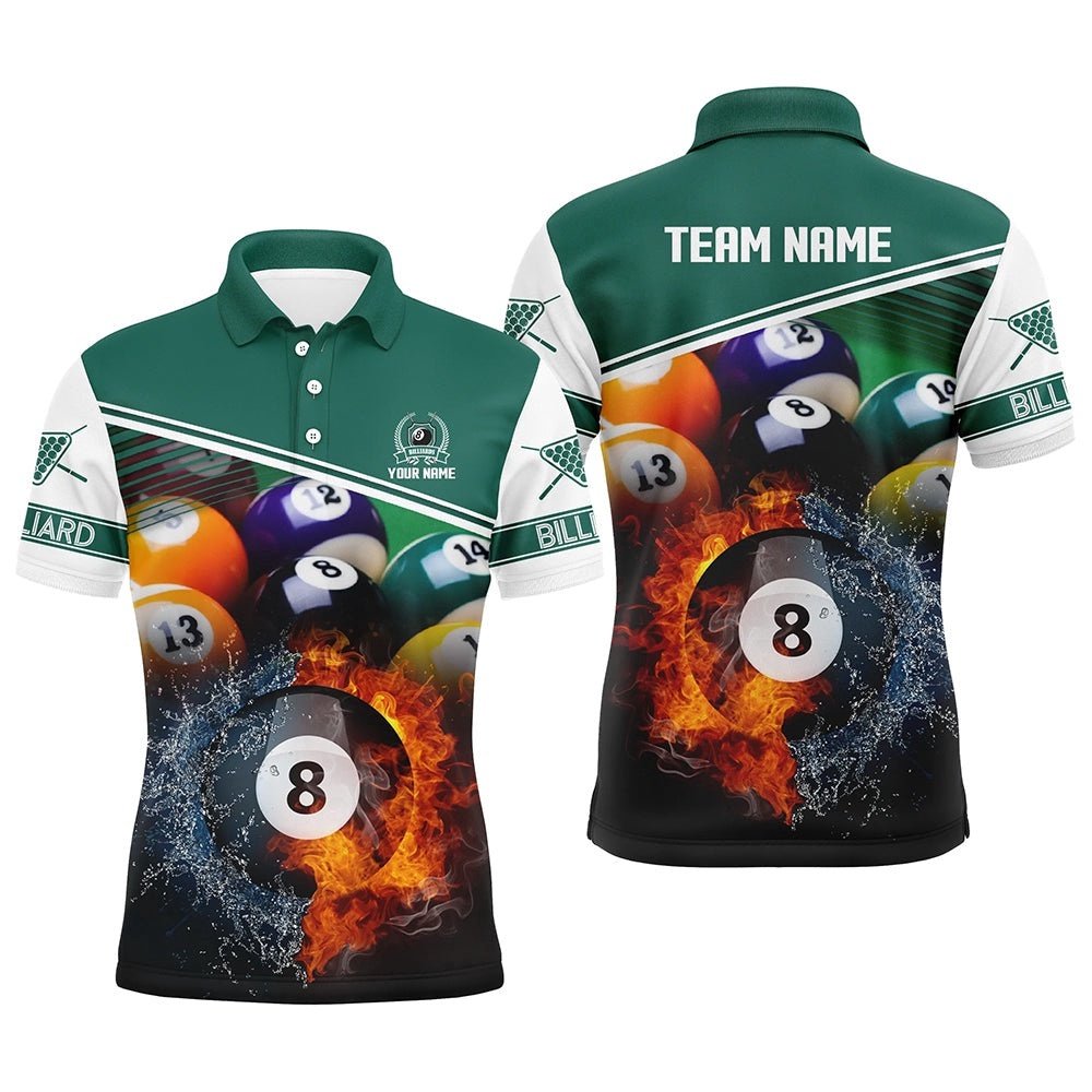 Custom Name Billiard 8 Ball In Fire And Water 3D Polo Shirts, Gifts For Billiard Player, Personalized Billiard Polo Shirt