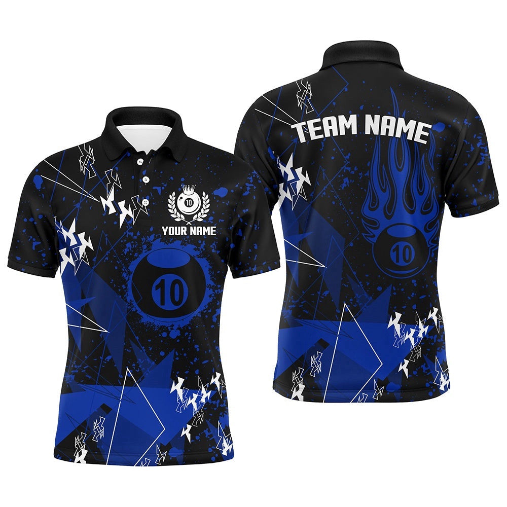 Blue Grunge 10 Ball Custom Billiard Polo For Pool Player, Personalized Billiard Polo Shirt