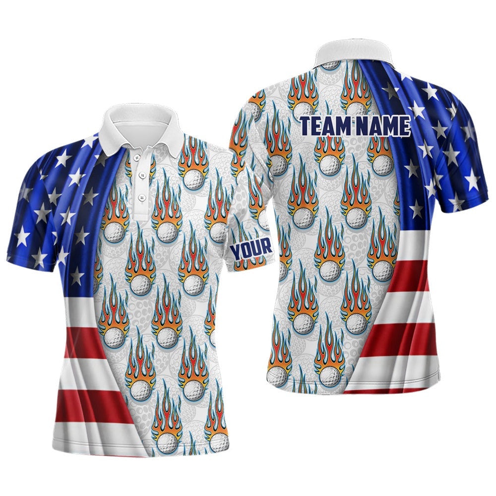 American Flag Fire Flame Men's Golf Polo Shirt Custom Patriotic Golf Tops For Men Golf Gifts, Golf Polo Shirt, Golf Shirts