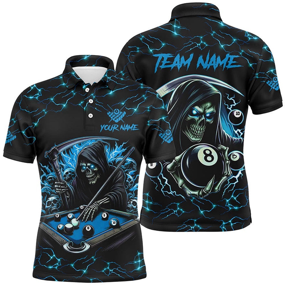 Blue Funny Death Skeleton 8 Ball Pool Billiard Shirts Custom Name Lightning Billiard Polo, Personalized Billiard Polo Shirt