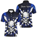 Blue Lightning Thunder Custom Skull Bowling Shirt For Men, Halloween Bowling Team Polo Shirt, Personalized Bowling Team Shirt