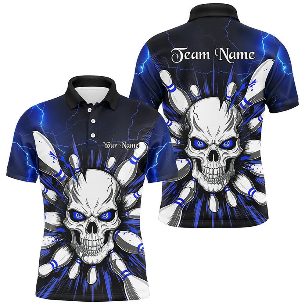 Blue Lightning Thunder Custom Skull Bowling Shirt For Men, Halloween Bowling Team Polo Shirt, Personalized Bowling Team Shirt