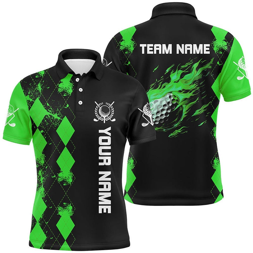 Black Men's Golf Polo Shirts Custom Green Argyle Pattern Flame Golf Ball Golf Tops For Men's, Golf Polo Shirt, Golf Shirts