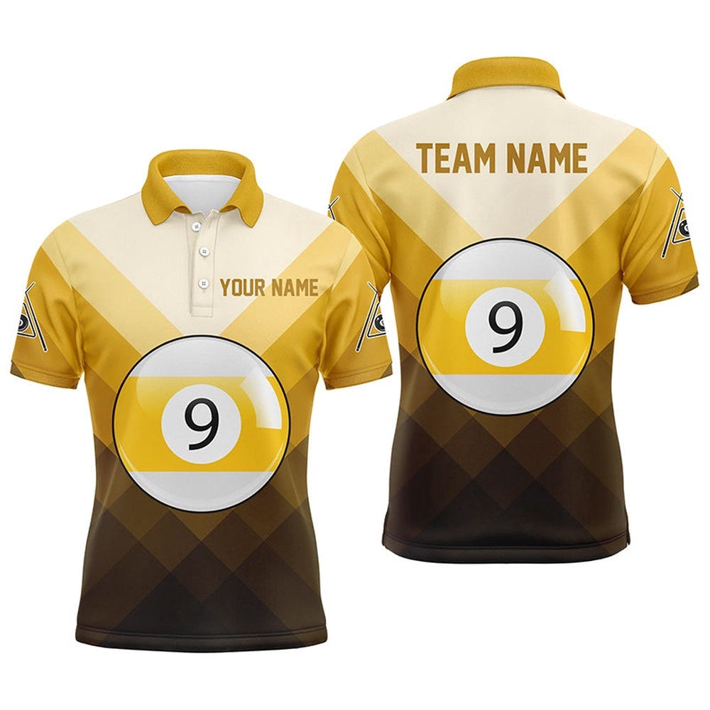 9 Ball Pool Yellow Sports Style Custom Billiard Polo, Personalized Billiard Polo Shirt