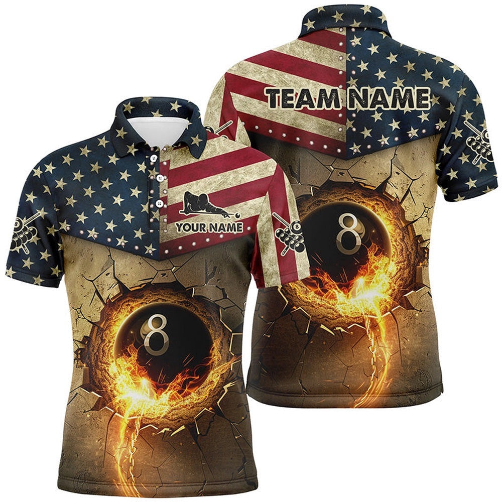 Custom Vintage US Flag 8 Ball Pool Burning Billiard Shirts, Billiard Father's Day Gifts Best, Personalized Billiard Polo Shirt
