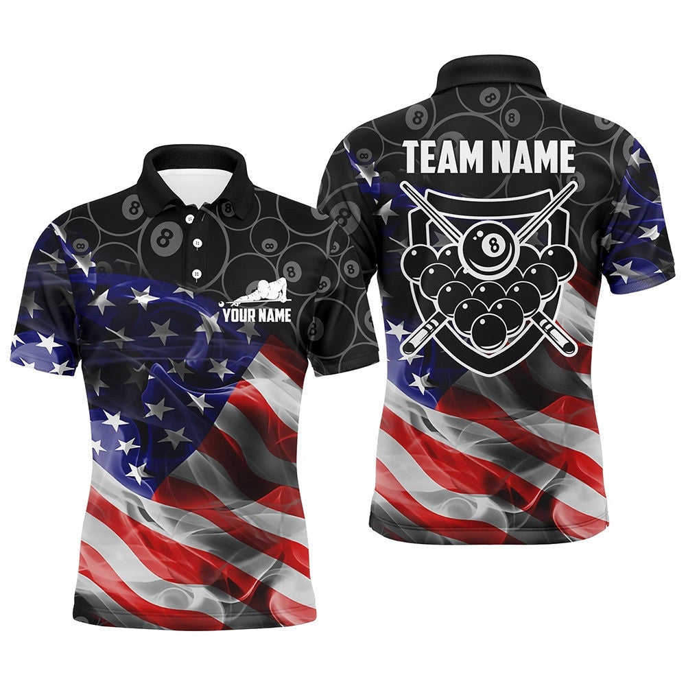 Customized Billiard US Flag Smoke 8 Ball Pattern Billiards Black 3D Polo Shirts, Personalized Billiard Polo Shirt