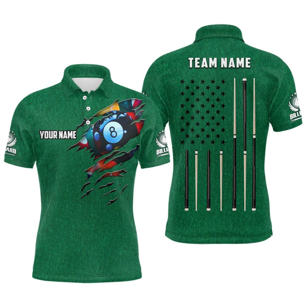 Customized Billiard Green American Flag Polo Shirts, Custom 8 Ball Unique Billiard Shirts, Personalized Billiard Polo Shirt