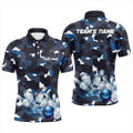 Blue Camo Bowling Men's Polo Shirt, Custom Team Name Short Sleeve Men Bowling Polo Shirt, Personalized Bowling Team Shirt