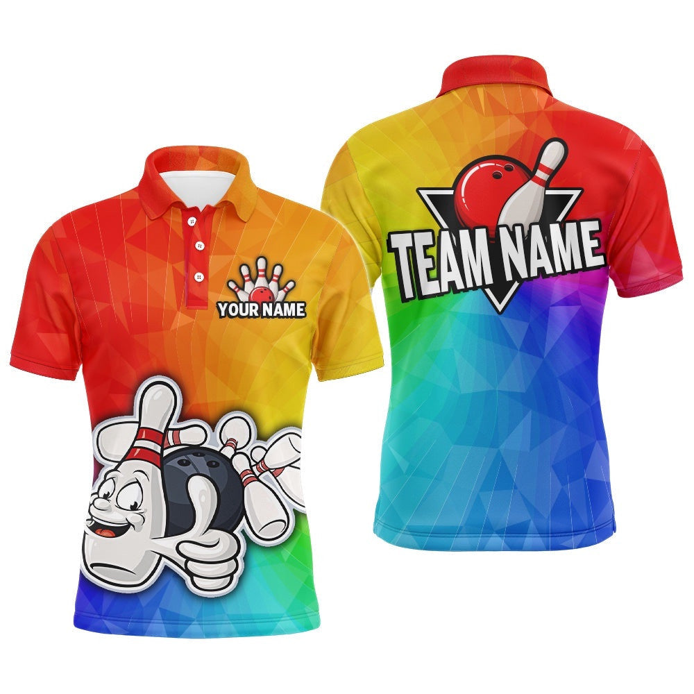 Custom Rainbow Bowling Shirt For Men Bowling Polo Shirt Bowling Team League Polo Shirt, Personalized Bowling Team Shirt