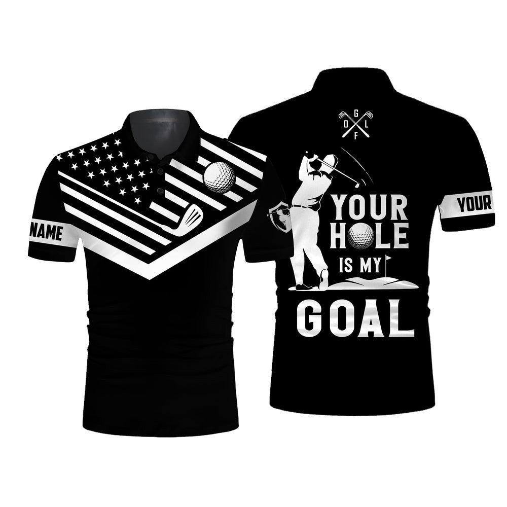 Black Men's Golf Polo Shirt White American Flag Custom Name Your Hole Is My Goal Funny Golf Team Shirt, Golf Polo Shirt, Golf Shirts