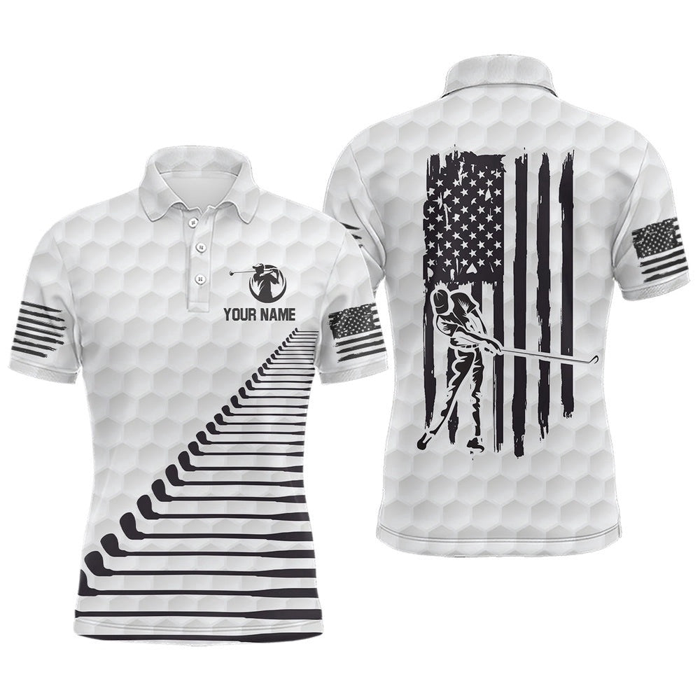 Black White American Flag Men's Golf Polo Shirts Custom Patriotic Golf Shirts For Men Golf Clubs, Golf Polo Shirt, Golf Shirts