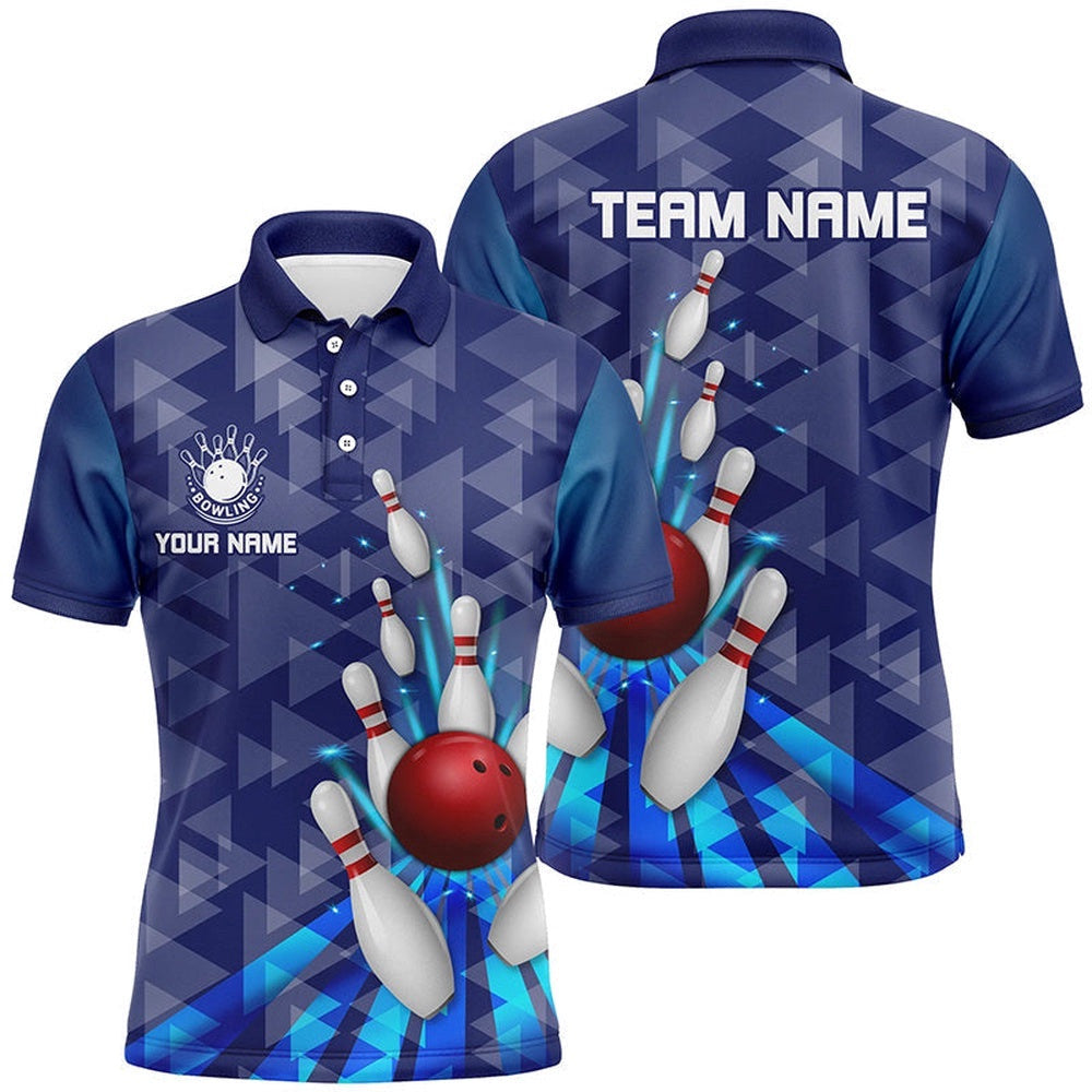 Blue Light Triangle Pattern Mens Bowling Shirts Custom Bowling Camo Team Polo Shirt, Gift For Bowlers, Personalized Bowling Team Shirt