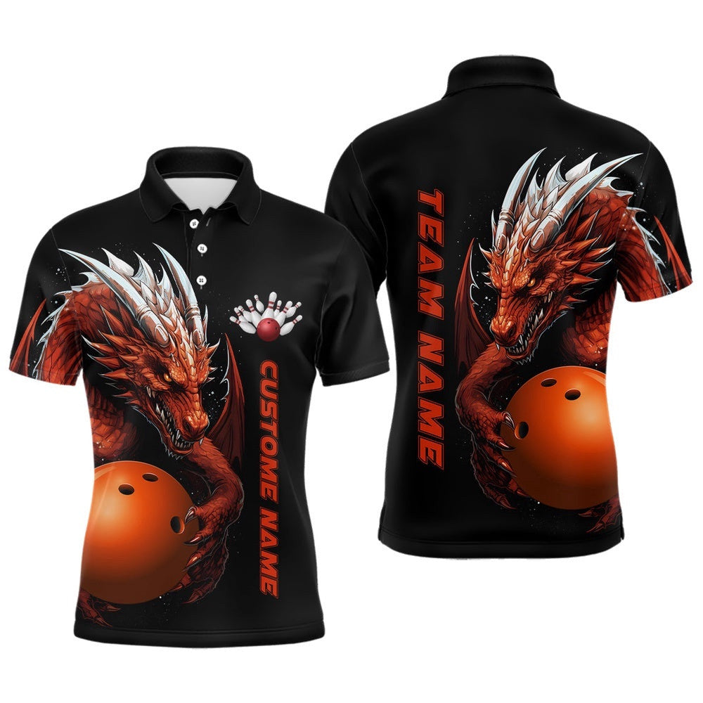 Custom Red Flame Bowling Team Polo Shirts, Dragon Bowling Shirts For Men, Bowling Ball Polo Shirt, Personalized Bowling Team Shirt