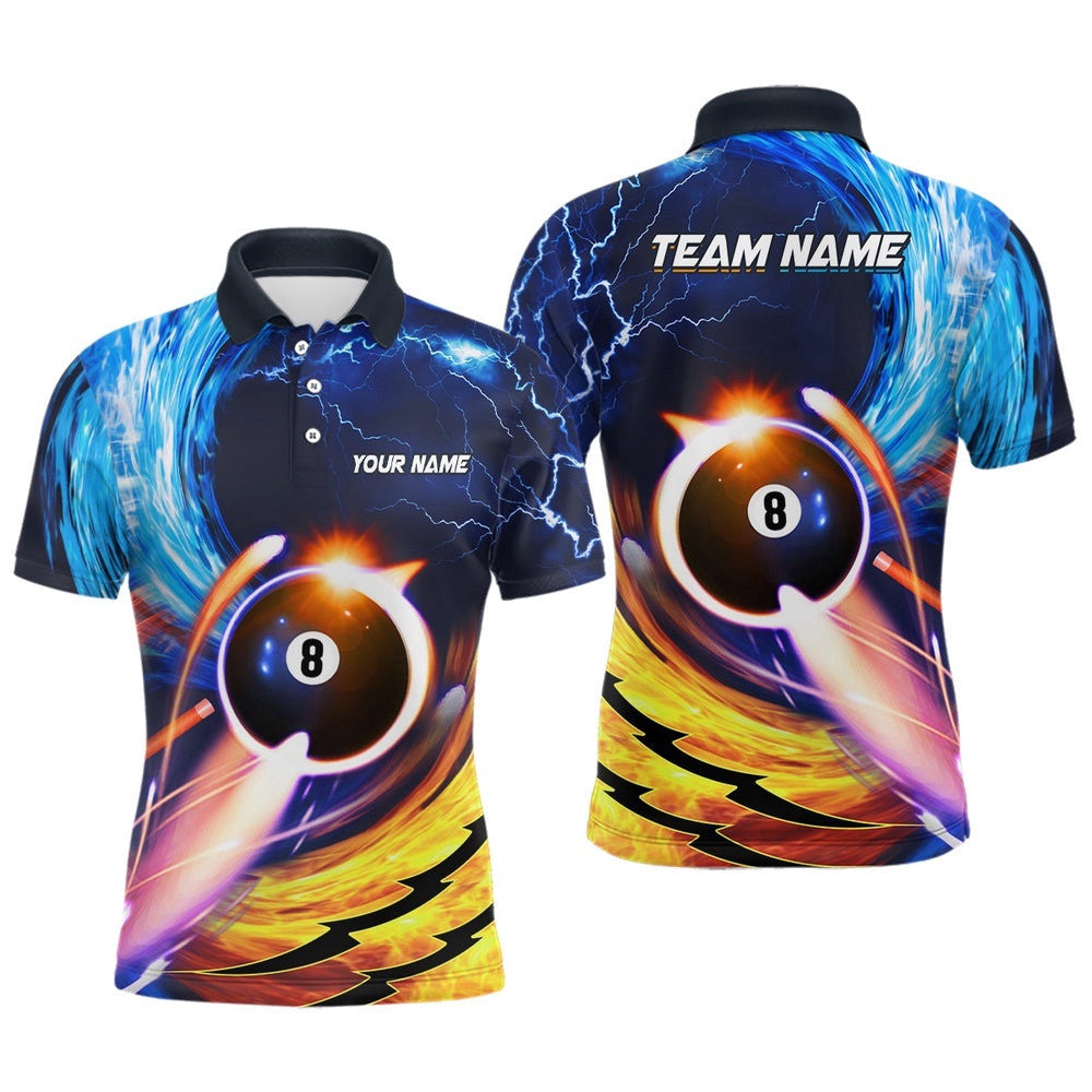 Blue And Orange Billiard 8 Ball Polo Shirts Custom Billiard Uniform For Team, Personalized Billiard Polo Shirt