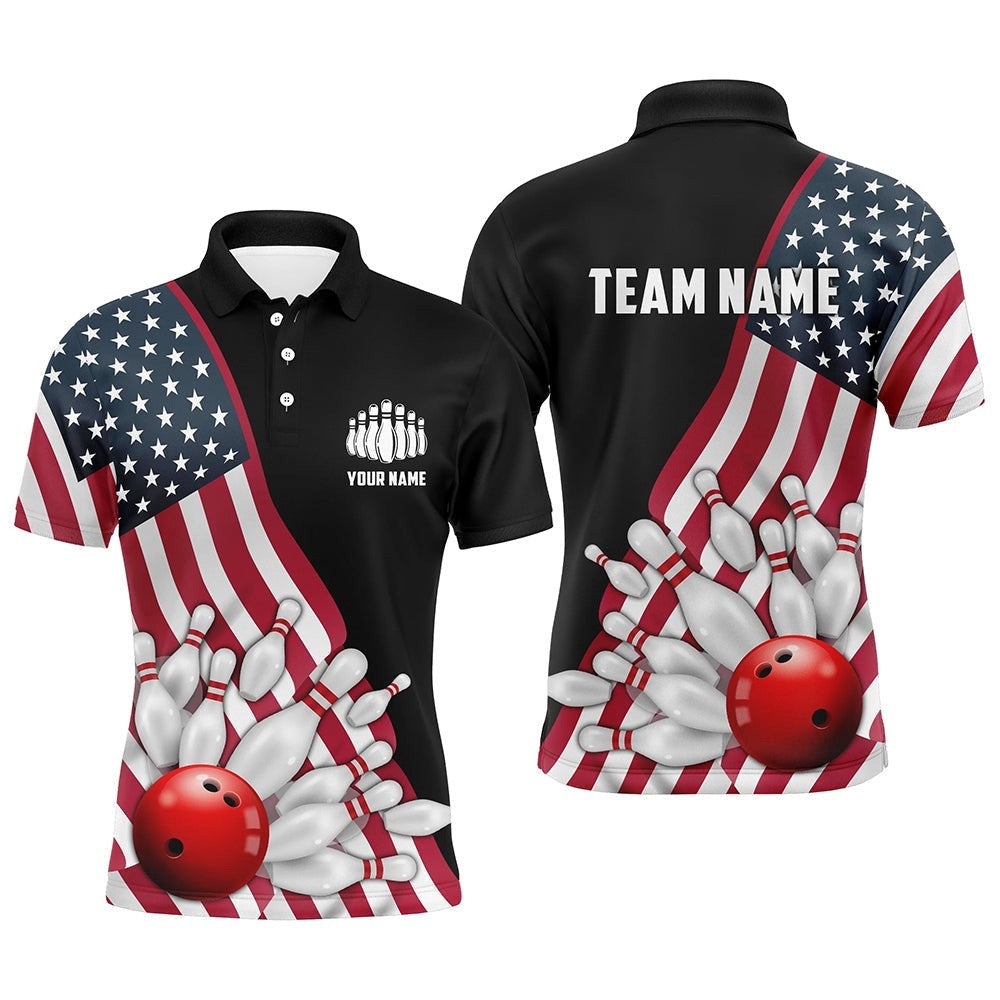 American Flag Custom Men's Bowling Polo Shirts, Patriotic Strike Bowling Team Polo Shirt, Personalized Bowling Team Shirt