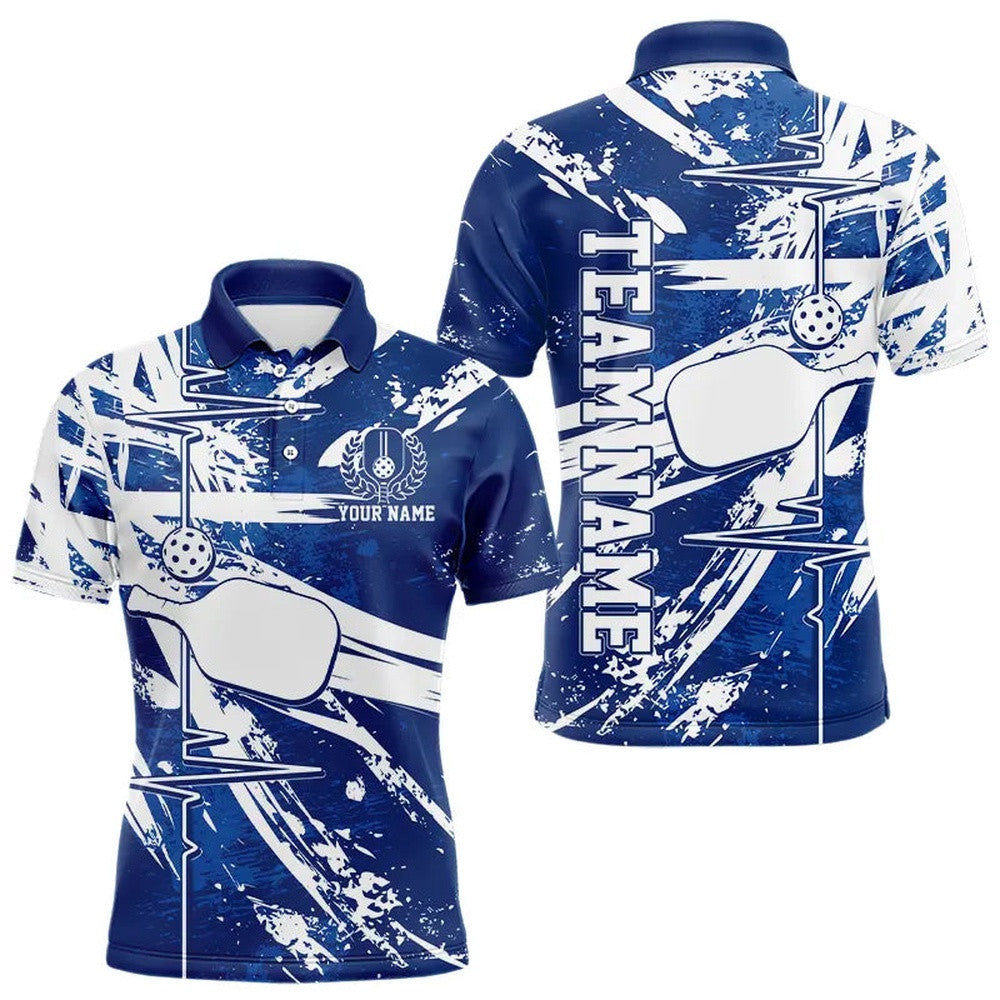 Blue And White Pickleball Heartbeat Pulse Line Custom Pickleball Team Polo Shirts For Men, Pickleball Polo Shirts