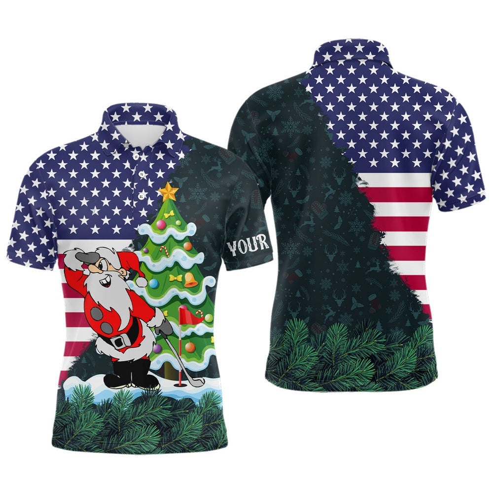 American Flag Christmas Santa Golf Pattern Custom Men's Christmas Golf Apparel, Golf Polo Shirt, Golf Shirts