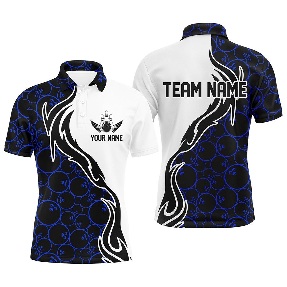 Blue Bowling Pattern Custom Men Bowling Polo Shirts Flame Bowling Team Polo Shirt Bowling Tournament, Personalized Bowling Team Shirt