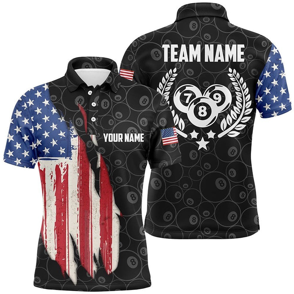 Billiard 8 Ball Pattern American Flag Custom Name Polo Shirts, Basis Design For Player, Personalized Billiard Polo Shirt