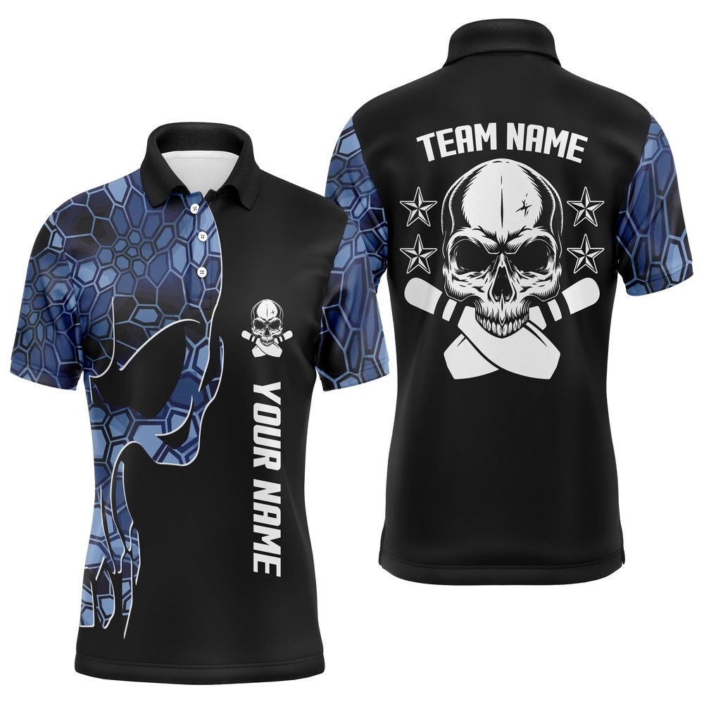 Blue Camo Black Bowling Polo Shirts For Men Custom Team Name Skull Bowling, Team Bowling Shirts, Personalized Bowling Team Shirt