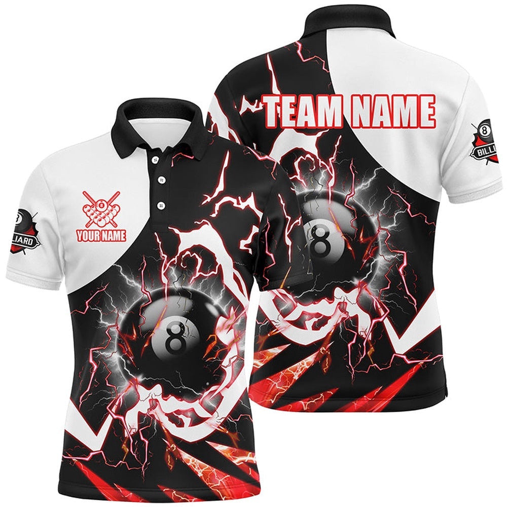 8 Ball Pool Billiard Polo Shirts Custom Lightning Thunder Red Billiard Team Polo, Personalized Billiard Polo Shirt
