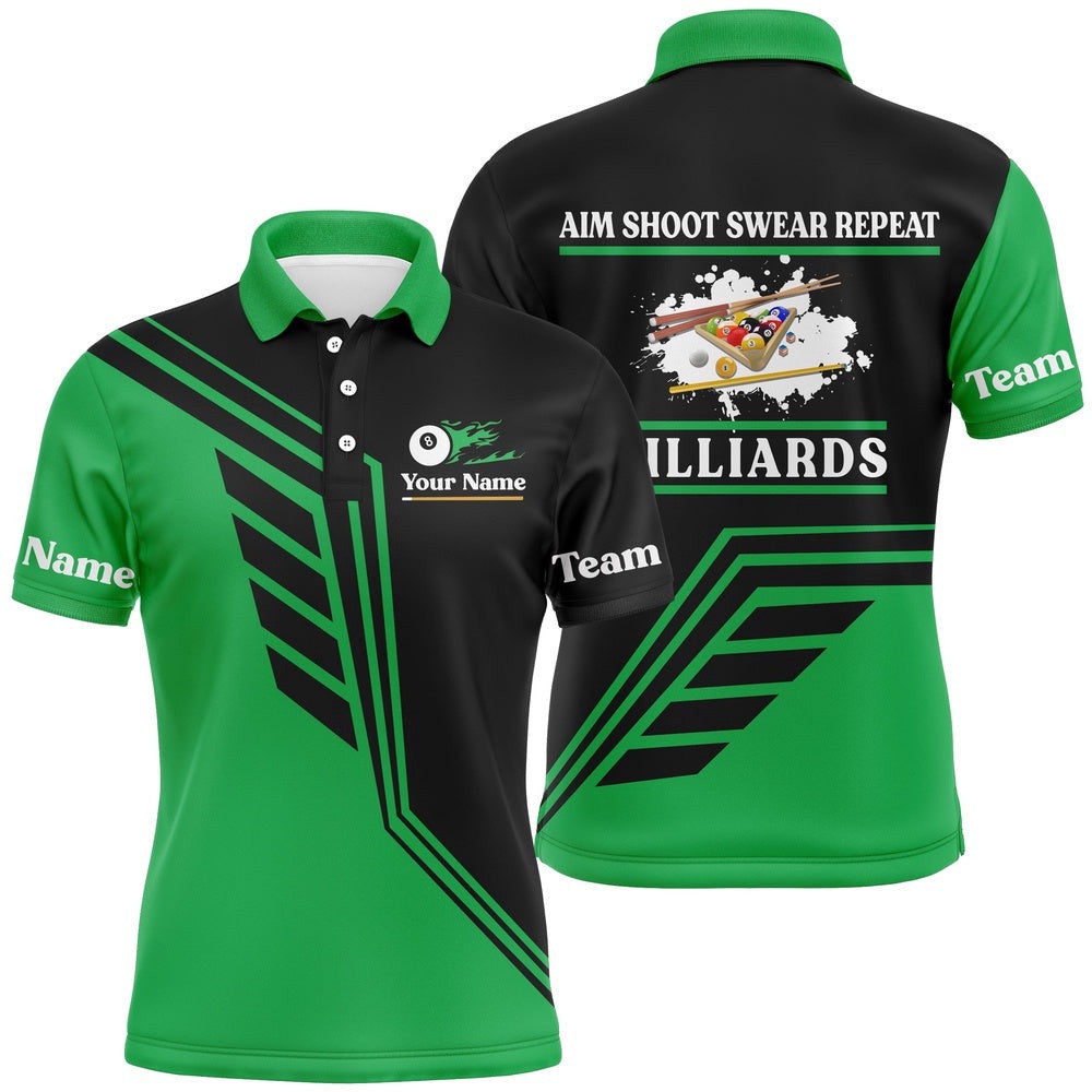 Aim Shoot Swear Repeat Green Black Billiard Polo, Personalized Billiard Polo Shirt