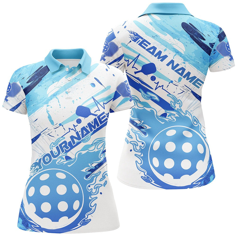 Blue Flame Pickleball Ball Custom Polo Shirts For Women, Outdoor Pickleball Polo Shirts, Pickleball Polo Shirts