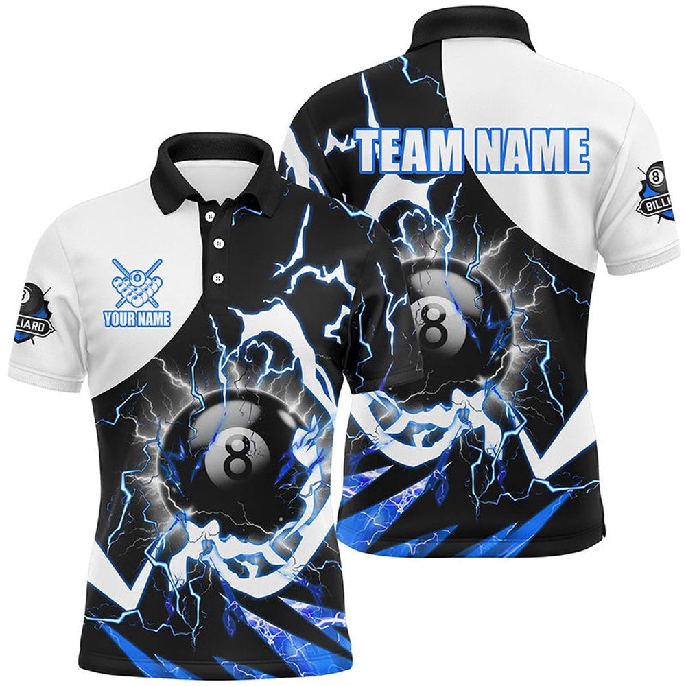 8 Ball Pool Billiard Polo Shirt Custom Lightning Thunder Blue Billiard Team Polo, Personalized Billiard Polo Shirt