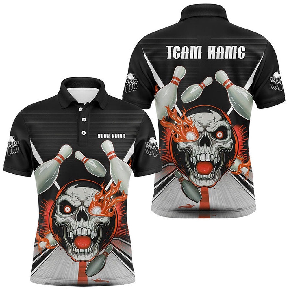 Customizable Red Orange Flame Bowling Shirts, Skull Bowling Polo Shirt For Men, Personalized Bowling Team Shirt